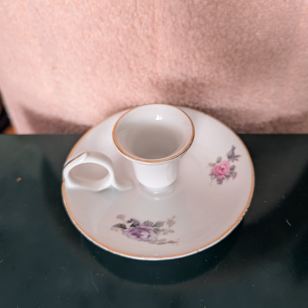 Porcelain Pink Rose Chamberstick Candle Holder - Classic White with Pink Accent